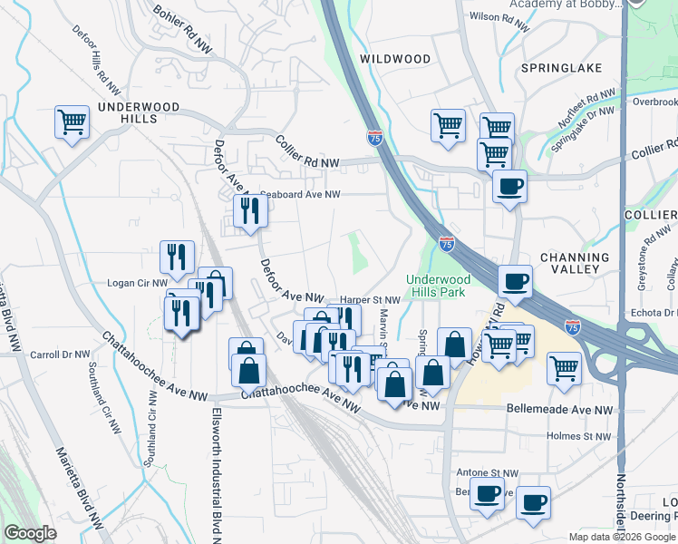 map of restaurants, bars, coffee shops, grocery stores, and more near 1851 Volberg Street Northwest in Atlanta