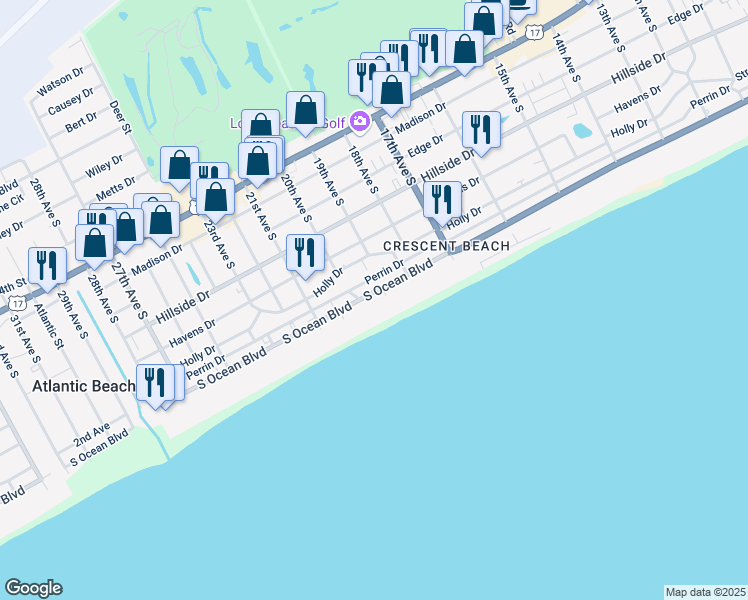 map of restaurants, bars, coffee shops, grocery stores, and more near 1905 South Ocean Boulevard in North Myrtle Beach