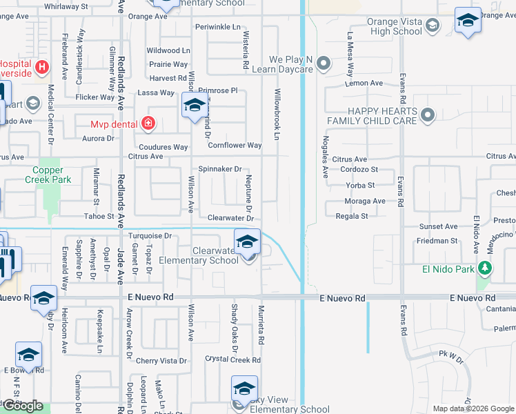 map of restaurants, bars, coffee shops, grocery stores, and more near 1860 Murrieta Road in Perris