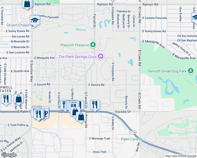 map of restaurants, bars, coffee shops, grocery stores, and more near 1334 South San Joaquin Drive in Palm Springs