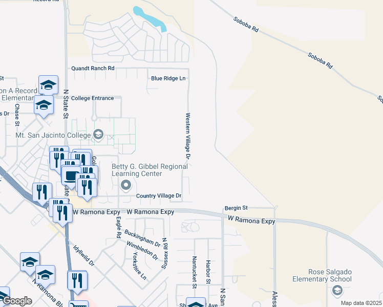 map of restaurants, bars, coffee shops, grocery stores, and more near 1401 Western Village Drive in San Jacinto