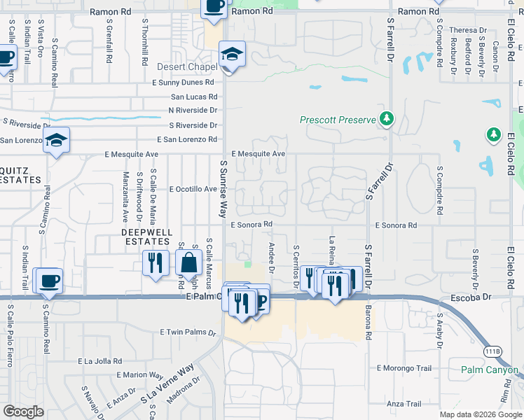 map of restaurants, bars, coffee shops, grocery stores, and more near 1951 Grand Bahama Drive East in Palm Springs