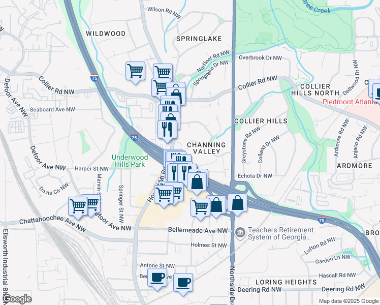 map of restaurants, bars, coffee shops, grocery stores, and more near 740 Forrest Trail Northwest in Atlanta