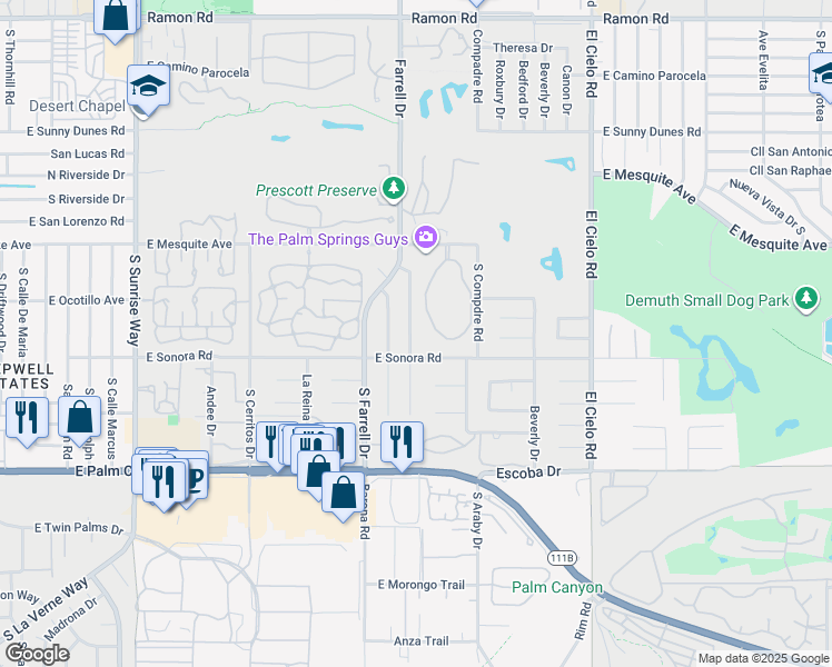 map of restaurants, bars, coffee shops, grocery stores, and more near 1334 South San Joaquin Drive in Palm Springs