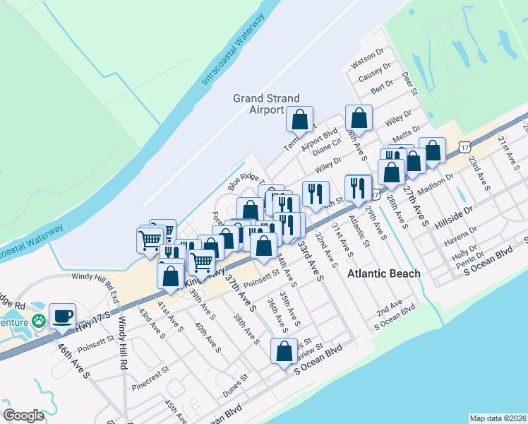 map of restaurants, bars, coffee shops, grocery stores, and more near 3314 Highway 17 South in North Myrtle Beach