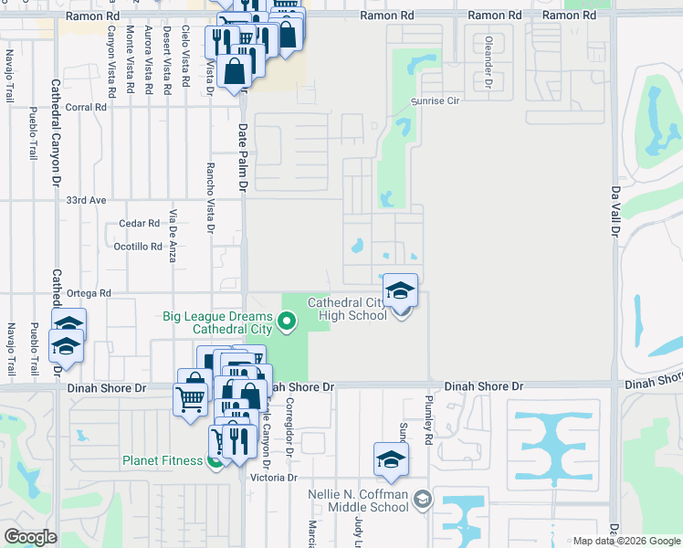 map of restaurants, bars, coffee shops, grocery stores, and more near 69411 Ramon Road in Cathedral City