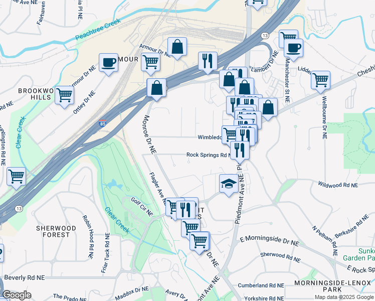 map of restaurants, bars, coffee shops, grocery stores, and more near 490 Rock Springs Rd NE in Atlanta