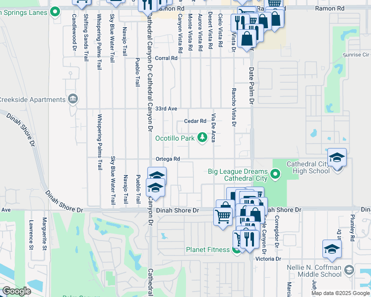 map of restaurants, bars, coffee shops, grocery stores, and more near 33464 Campus Lane in Cathedral City