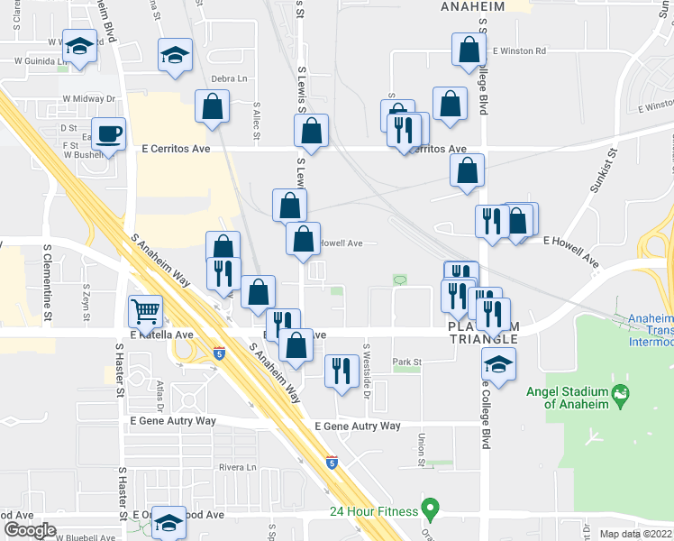 map of restaurants, bars, coffee shops, grocery stores, and more near 981 E. Mason Ln in Anaheim