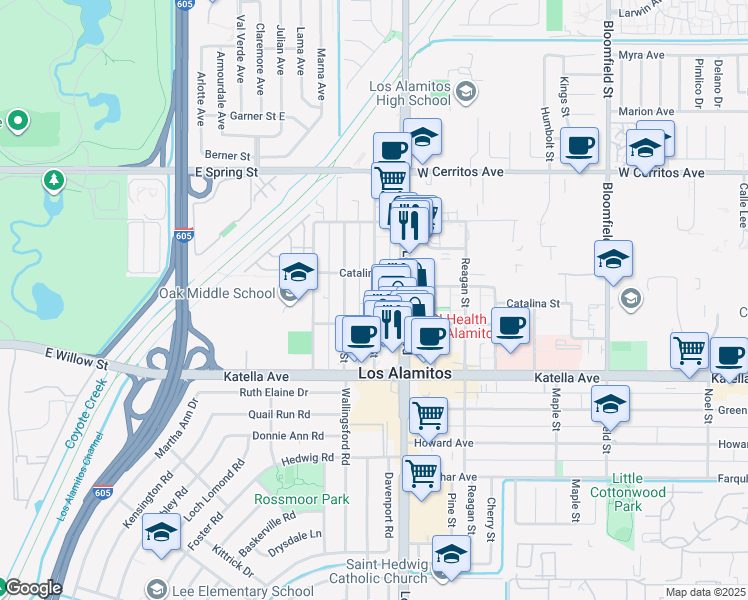 map of restaurants, bars, coffee shops, grocery stores, and more near 10834 Chestnut Street in Los Alamitos