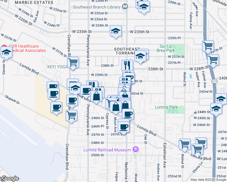 map of restaurants, bars, coffee shops, grocery stores, and more near 2247 243rd Street in Lomita