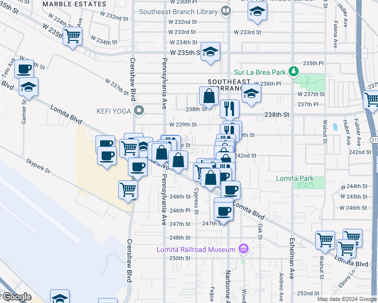 map of restaurants, bars, coffee shops, grocery stores, and more near 24202 Lomita Drive in Lomita