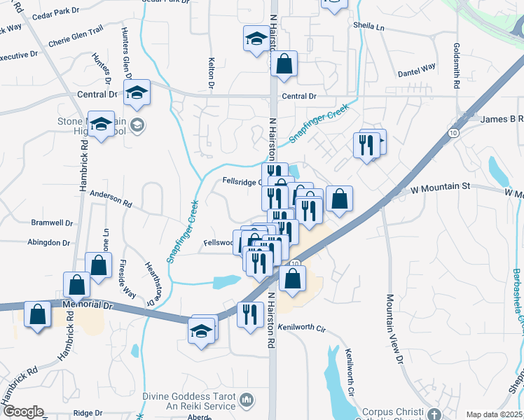 map of restaurants, bars, coffee shops, grocery stores, and more near 4748 Fellsridge Drive in Stone Mountain