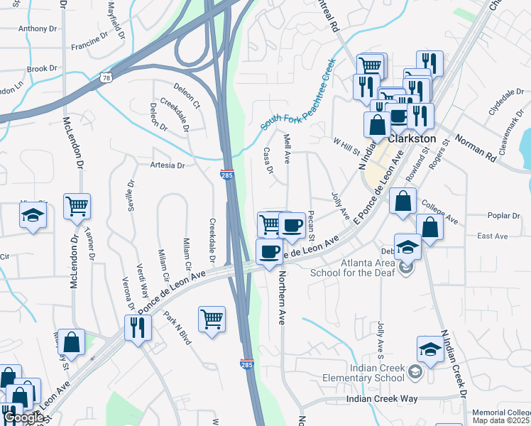 map of restaurants, bars, coffee shops, grocery stores, and more near 3433 Mell Place in Clarkston