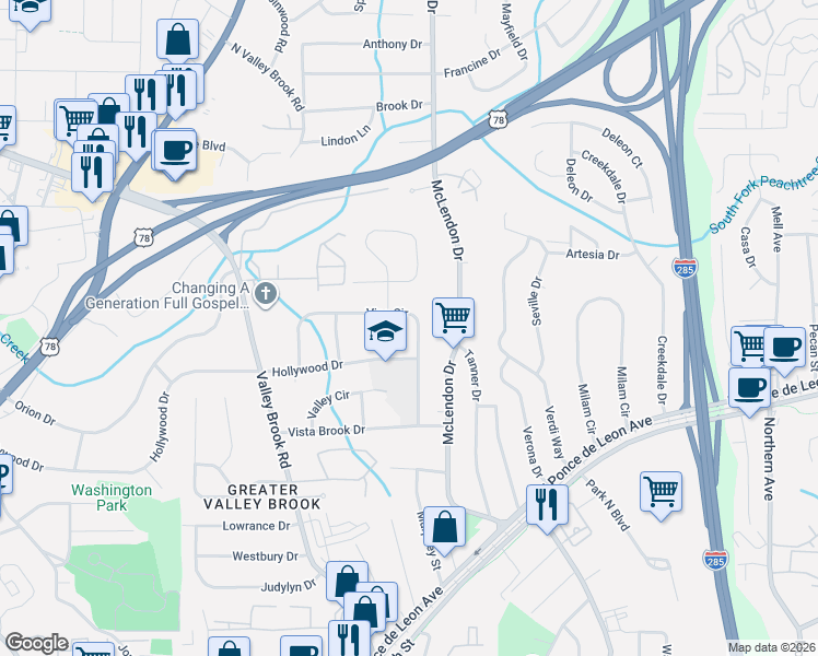 map of restaurants, bars, coffee shops, grocery stores, and more near 3134 Vine Circle in Decatur