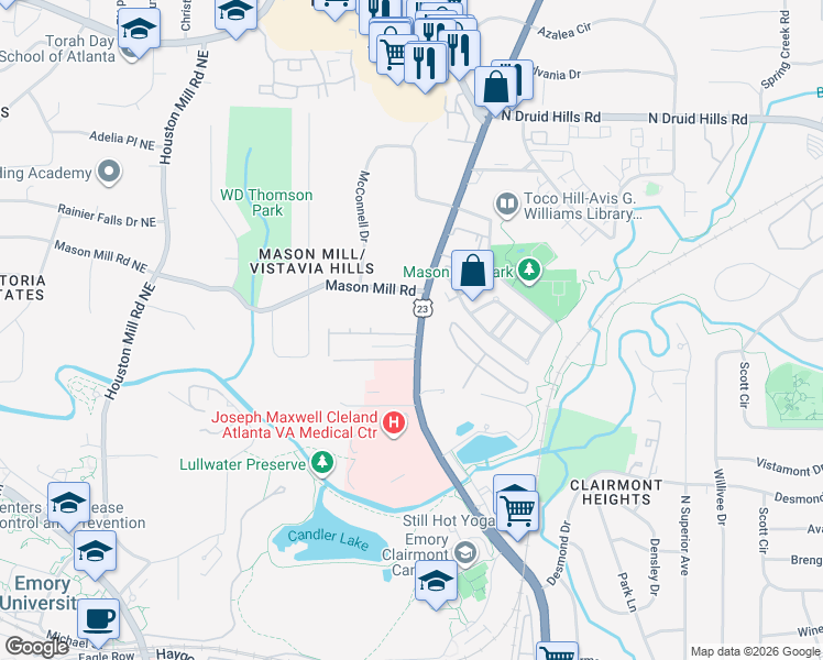 map of restaurants, bars, coffee shops, grocery stores, and more near 1942 Ridgemont Lane in Decatur