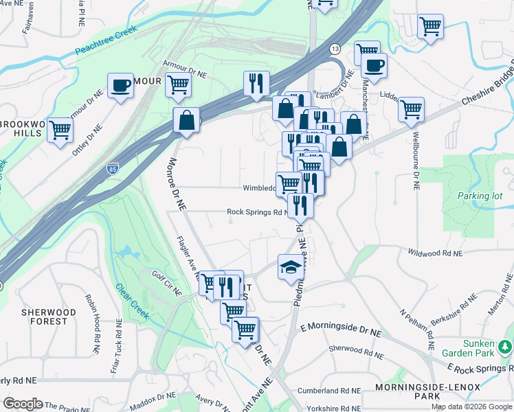 map of restaurants, bars, coffee shops, grocery stores, and more near 512 Rock Springs Road Northeast in Atlanta