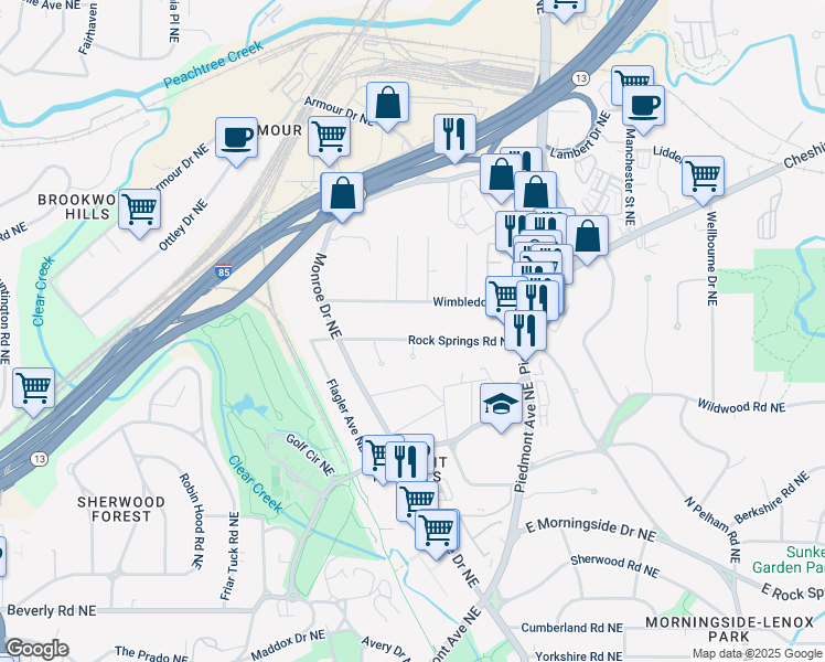 map of restaurants, bars, coffee shops, grocery stores, and more near 490 Rock Springs Road Northeast in Atlanta