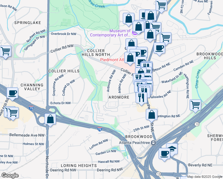 map of restaurants, bars, coffee shops, grocery stores, and more near 1861 Ardmore Road Northwest in Atlanta