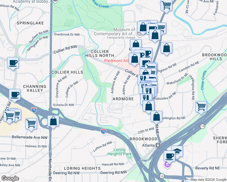 map of restaurants, bars, coffee shops, grocery stores, and more near 1853 Ardmore Road Northwest in Atlanta
