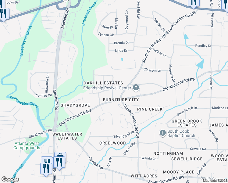 map of restaurants, bars, coffee shops, grocery stores, and more near 6119 Pine Terrace Drive in Austell