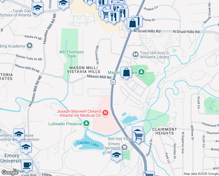 map of restaurants, bars, coffee shops, grocery stores, and more near 1942 Ridgemont Lane in Decatur