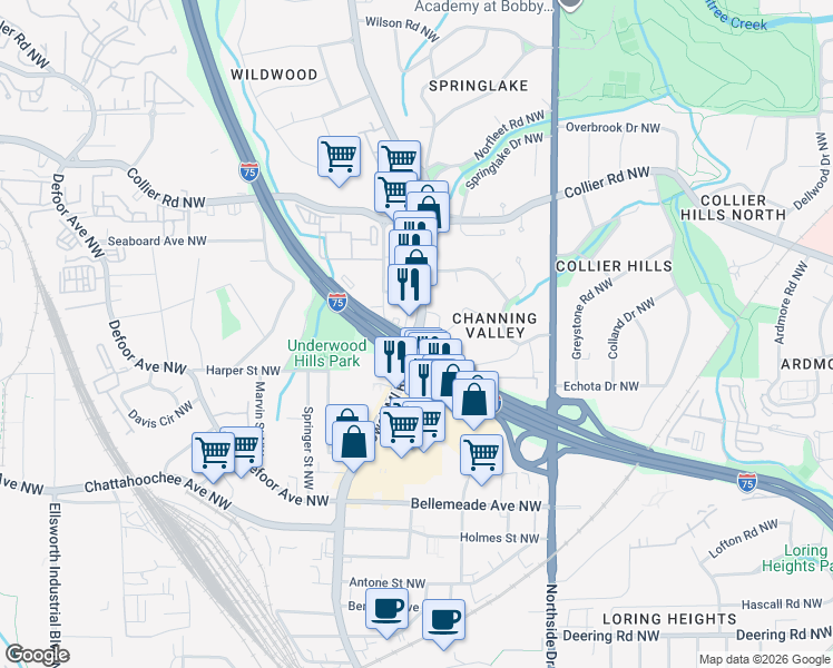 map of restaurants, bars, coffee shops, grocery stores, and more near 1849 Howell Mill Road in Atlanta