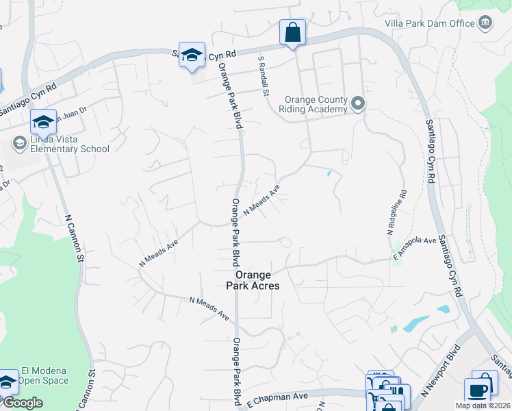map of restaurants, bars, coffee shops, grocery stores, and more near North Meads Avenue in Orange County