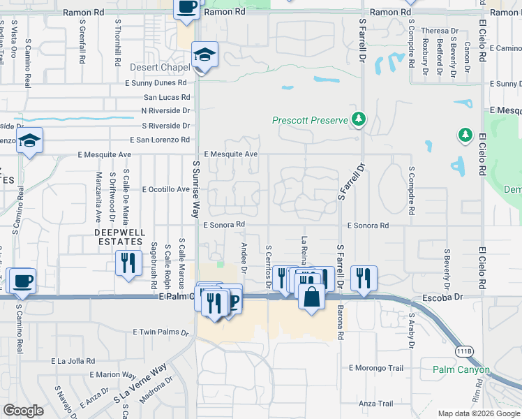 map of restaurants, bars, coffee shops, grocery stores, and more near 2053 Grand Bahama Drive East in Palm Springs