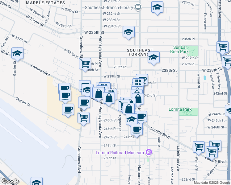 map of restaurants, bars, coffee shops, grocery stores, and more near 2356 241st Street in Lomita