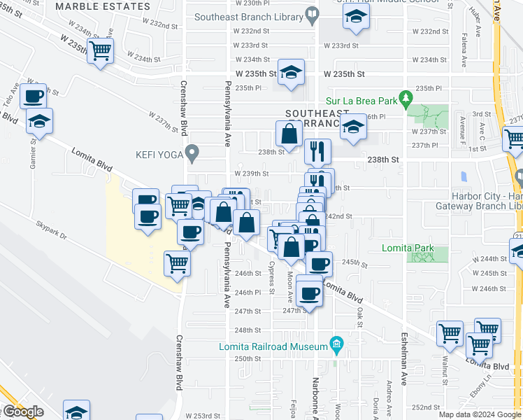 map of restaurants, bars, coffee shops, grocery stores, and more near 2356 241st Street in Lomita