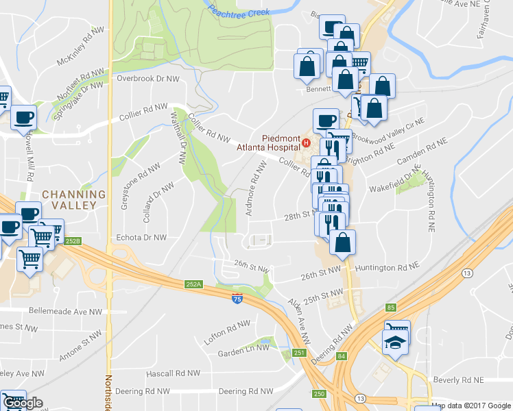 map of restaurants, bars, coffee shops, grocery stores, and more near 1861 Ardmore Road Northwest in Atlanta