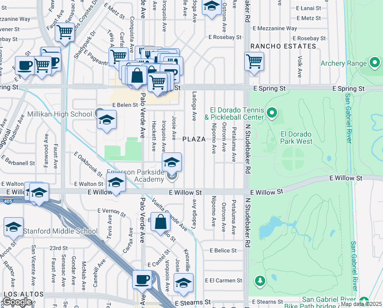 map of restaurants, bars, coffee shops, grocery stores, and more near 2725 Ladoga Avenue in Long Beach
