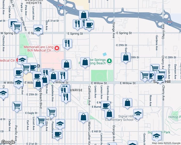 map of restaurants, bars, coffee shops, grocery stores, and more near 2651 California Avenue in Signal Hill