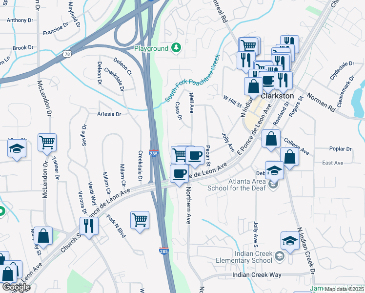 map of restaurants, bars, coffee shops, grocery stores, and more near 3445 Mell Place in Clarkston