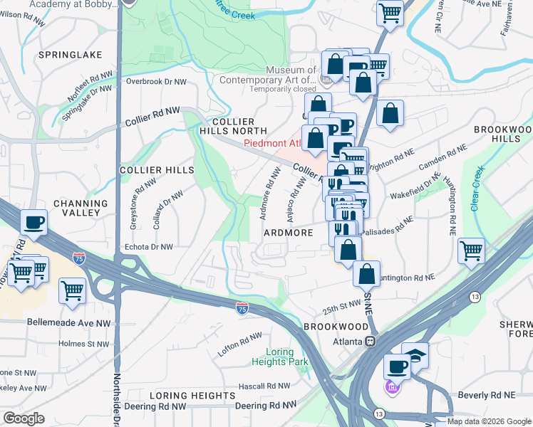 map of restaurants, bars, coffee shops, grocery stores, and more near 1853 Ardmore Road Northwest in Atlanta