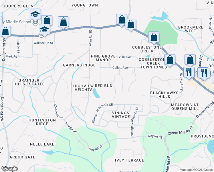 map of restaurants, bars, coffee shops, grocery stores, and more near 6112 Lakeshore Drive Southeast in Mableton