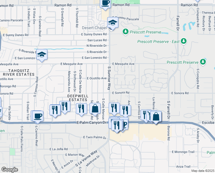 map of restaurants, bars, coffee shops, grocery stores, and more near 1331 South Sunrise Way in Palm Springs