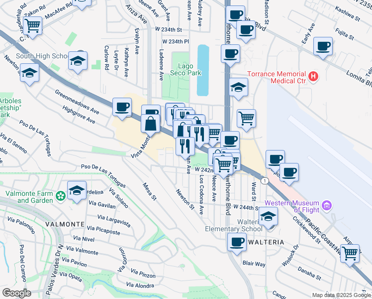 map of restaurants, bars, coffee shops, grocery stores, and more near 24035 Ocean Avenue in Torrance