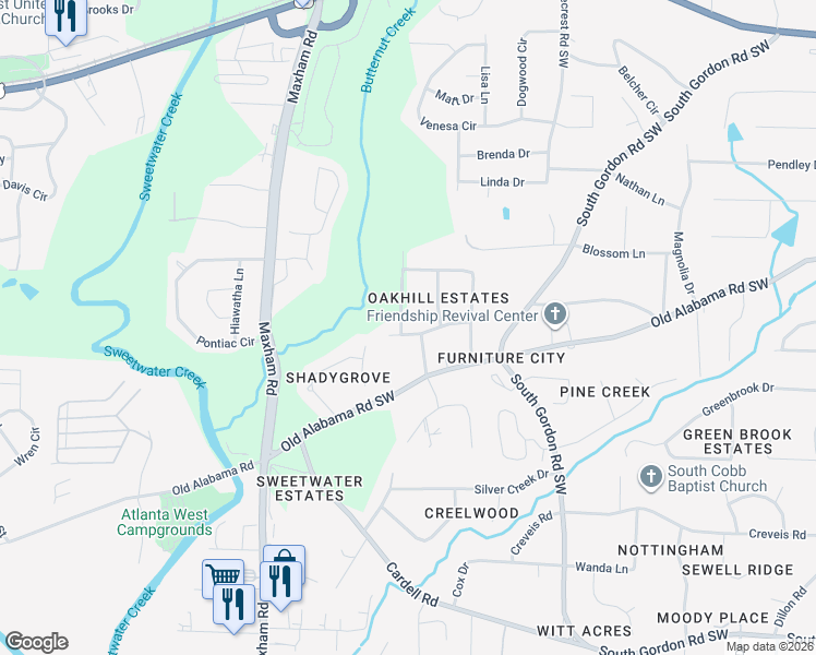 map of restaurants, bars, coffee shops, grocery stores, and more near 6099 Oak Hill Drive in Austell