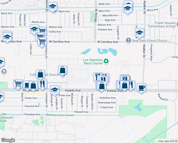 map of restaurants, bars, coffee shops, grocery stores, and more near 4815 Colina Court in Cypress