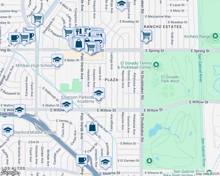 map of restaurants, bars, coffee shops, grocery stores, and more near 2725 Ladoga Avenue in Long Beach