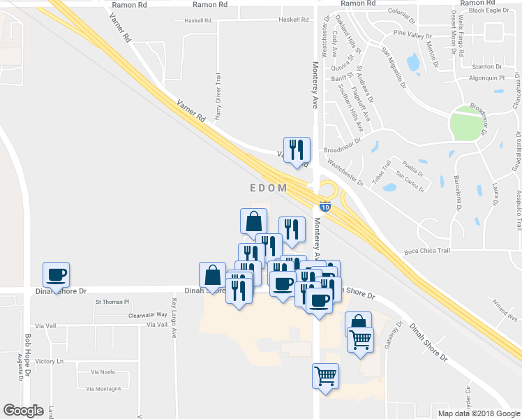 map of restaurants, bars, coffee shops, grocery stores, and more near 72700 Dinah Shore Drive in Palm Desert