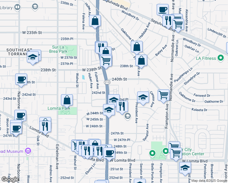 map of restaurants, bars, coffee shops, grocery stores, and more near 1625 West 242nd Place in Los Angeles
