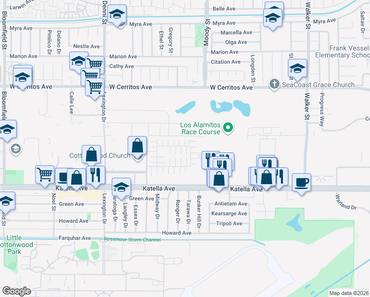 map of restaurants, bars, coffee shops, grocery stores, and more near 4815 Colina Court in Cypress