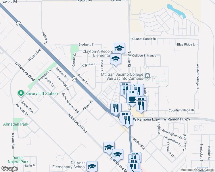 map of restaurants, bars, coffee shops, grocery stores, and more near 1382 Western Drive in San Jacinto