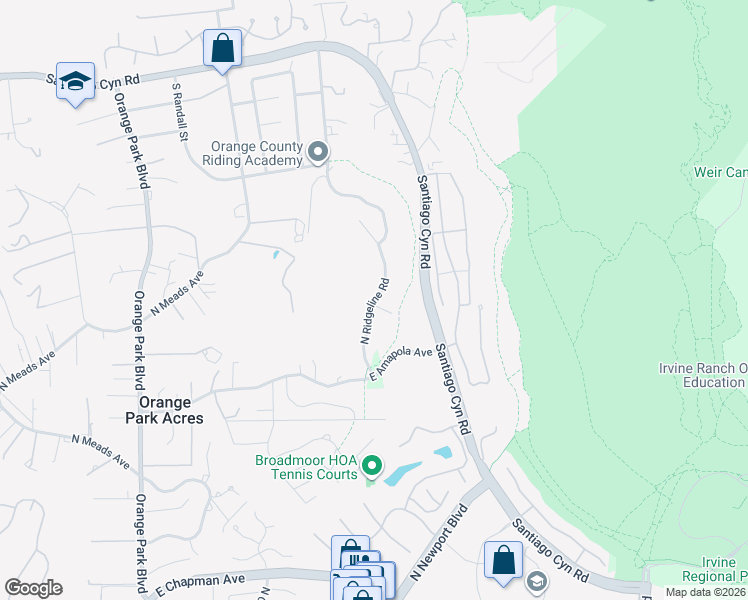 map of restaurants, bars, coffee shops, grocery stores, and more near North Ridgeline Road in Orange