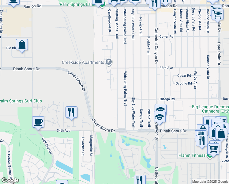 map of restaurants, bars, coffee shops, grocery stores, and more near 33420 Shifting Sands Trail in Cathedral City