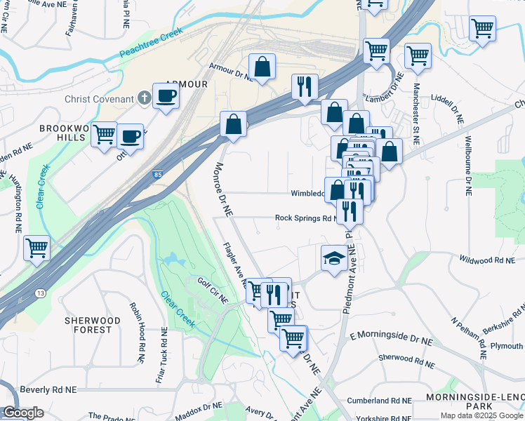 map of restaurants, bars, coffee shops, grocery stores, and more near 444 Rock Springs Rd NE in Atlanta