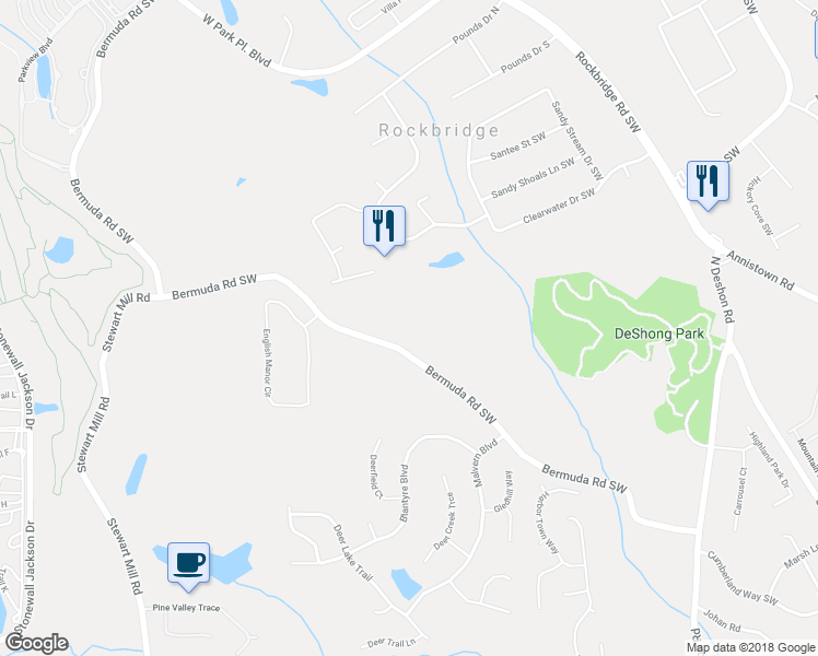 map of restaurants, bars, coffee shops, grocery stores, and more near 2578 Bermuda Road in Stone Mountain